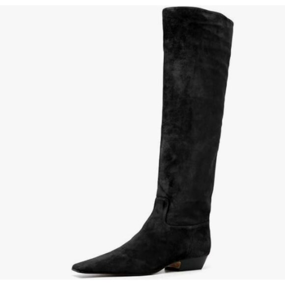 Black Suede Square Toe Knee High Boot Wide Calf Low Chunky Heel Winter Long Boot - Picture 1 of 8
